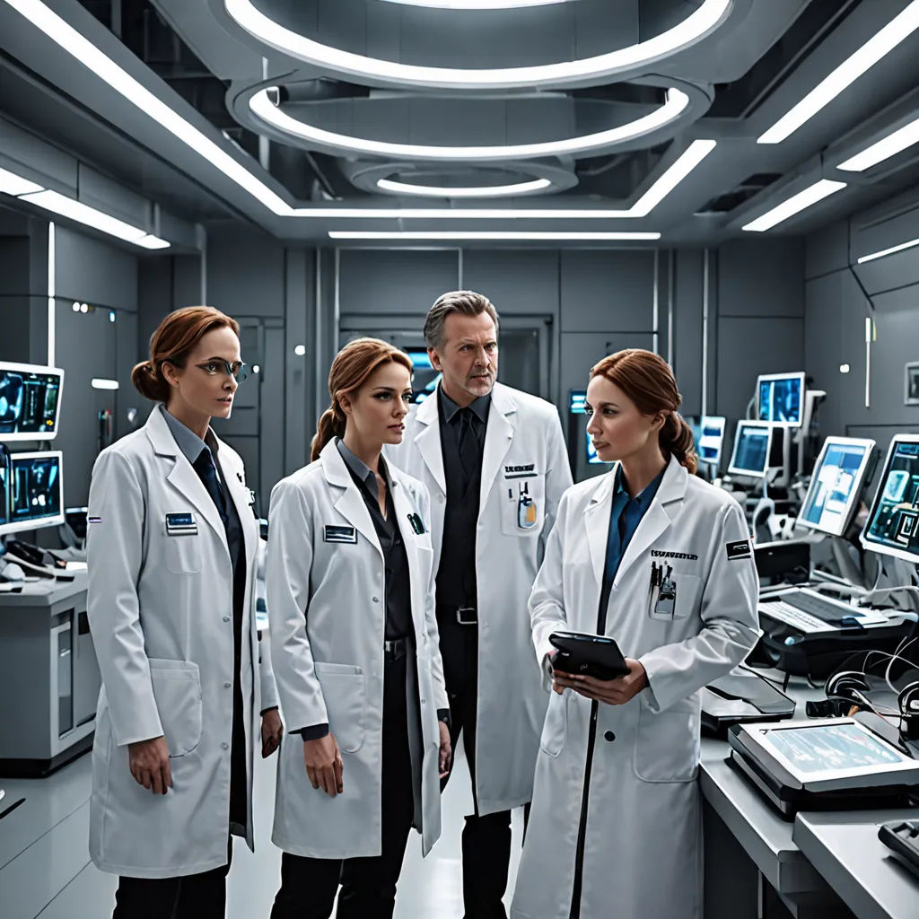 a group of doctors standing in a room with computers and monitors on the wall and a woman in a black dress, assemblage, a poster, Dr. Atl, promotional image