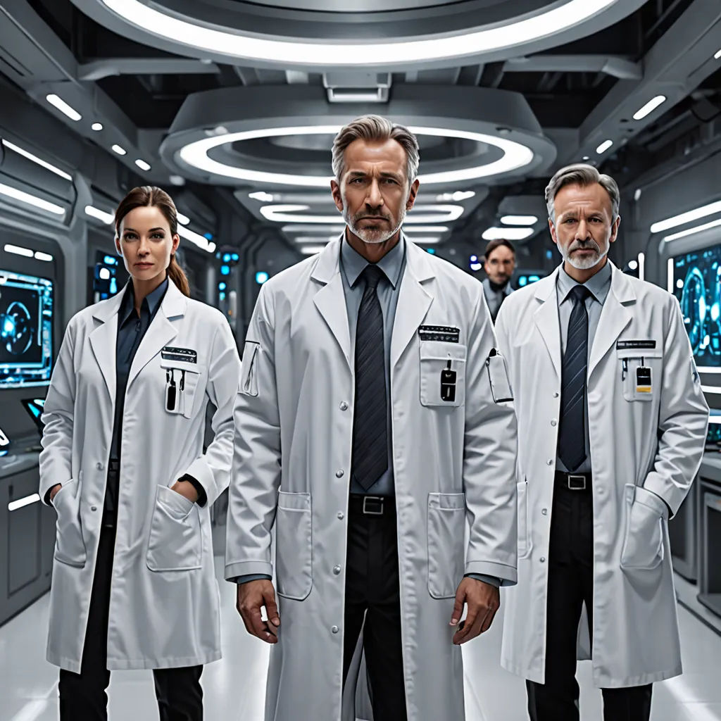 a group of doctors standing in a room together in white coats and ties, all looking at the camera, neoplasticism, a poster, Doc Hammer, promotional image