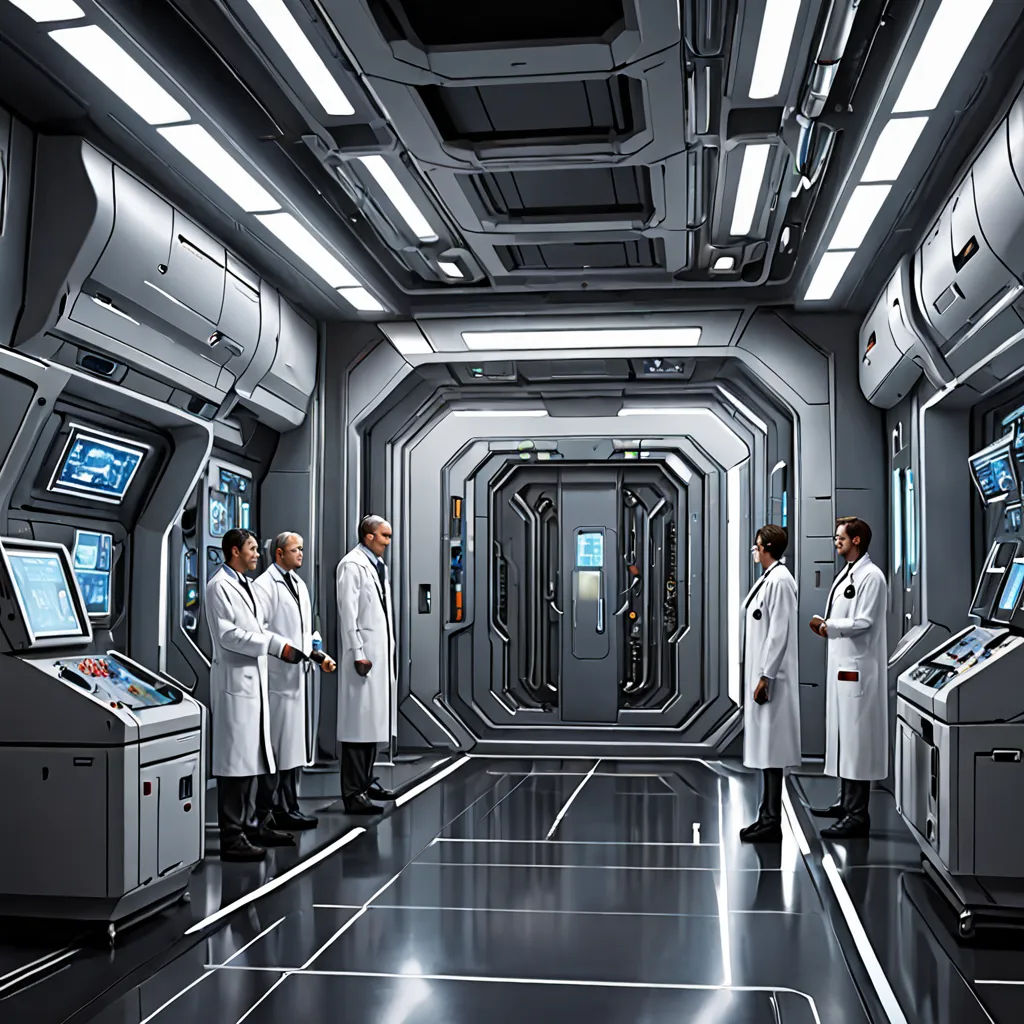 a group of people in lab coats standing in a room with computers and monitors on the walls and floor, retrofuturism, a detailed matte painting, Dr. Atl, promotional image