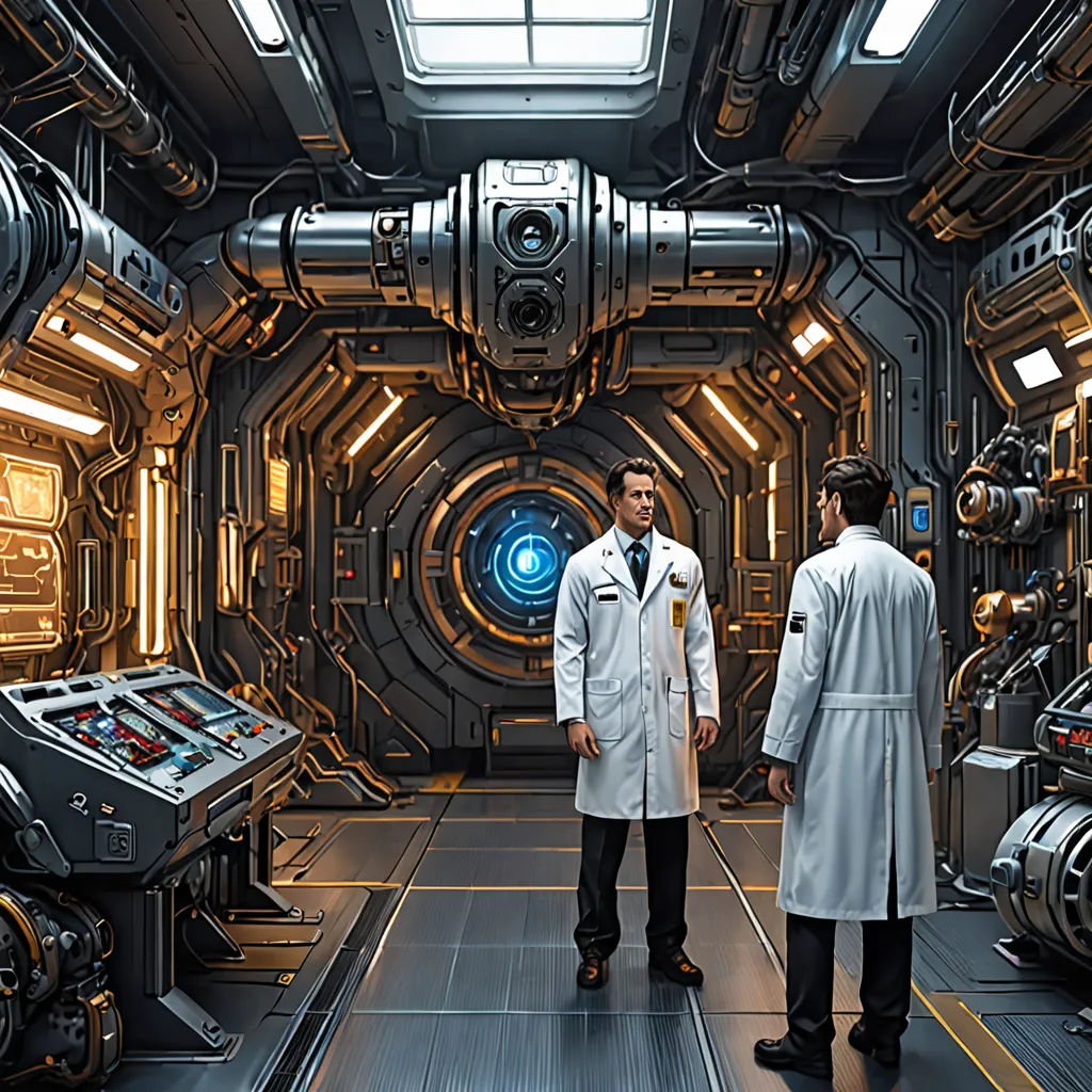 two men in lab coats standing in a sci - fi setting with a large machine room in the background, neoplasticism, a detailed matte painting, Doc Hammer, unreal engine render