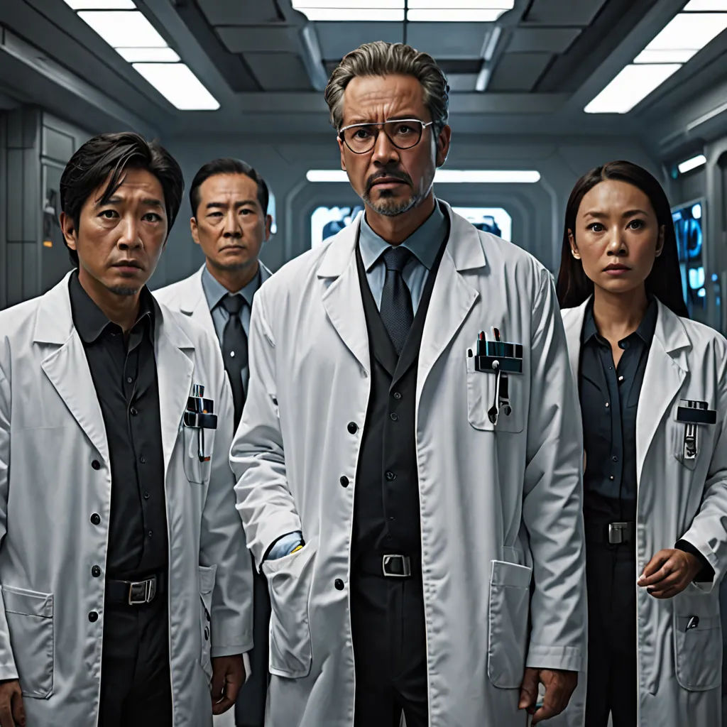 a group of people in lab coats standing in a hallway together in suits and ties, with one man in the middle of the group, neoism, a poster, Choi Buk, promotional image