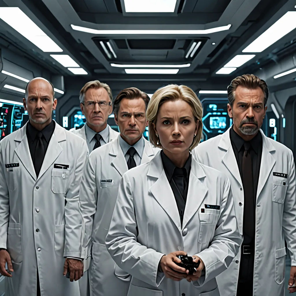 a group of people in white lab coats standing in a room with a ceiling light overhead and a ceiling fan in the background, neoism, a poster, Doc Hammer, promotional image