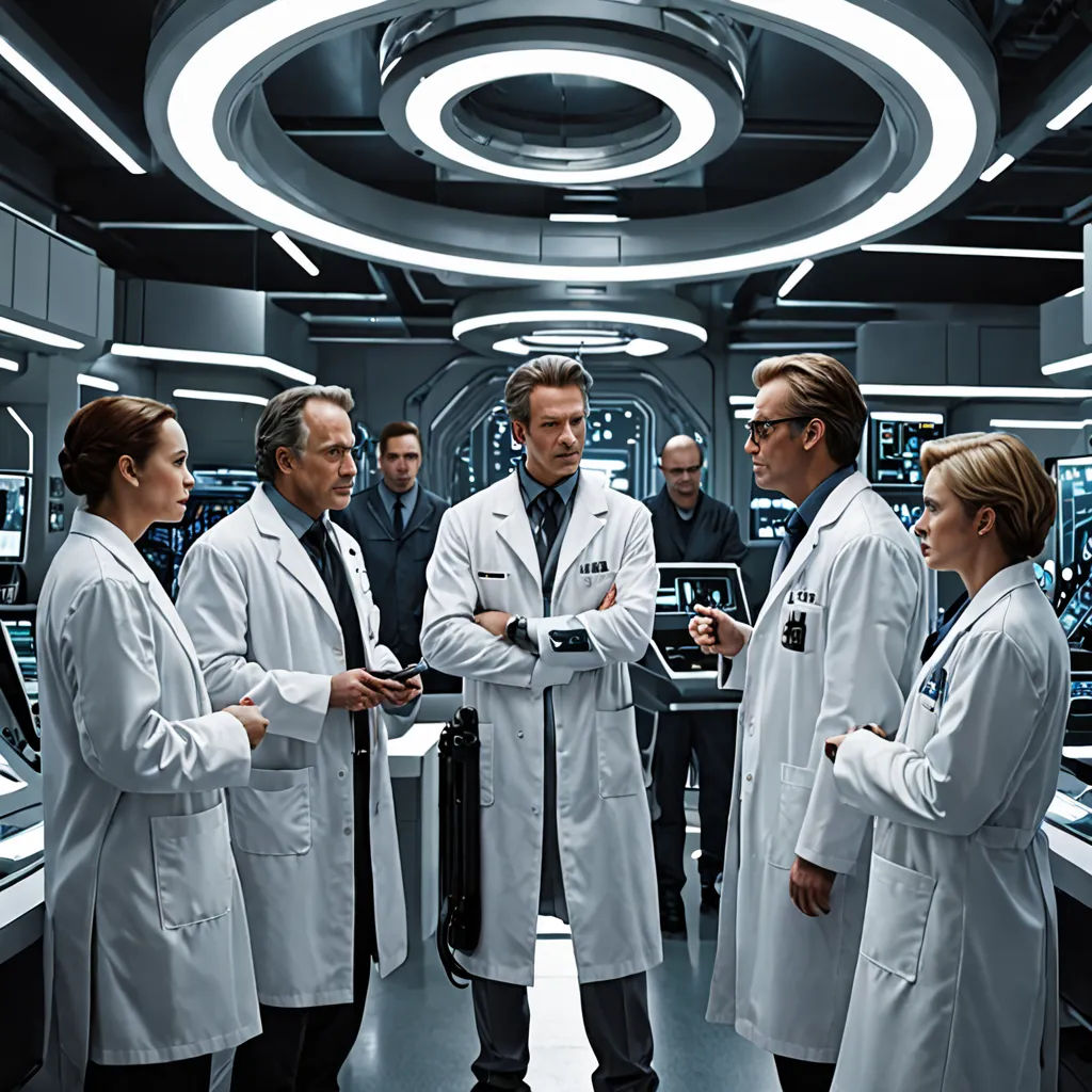 a group of doctors standing in a room together in front of computers and monitors in a large room with a circular ceiling, neoplasticism, a poster, Doc Hammer, promotional image