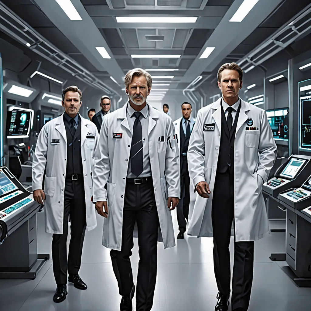 a group of men in lab coats standing in a room with computers and other equipment on the floor and a man in a suit, neoplasticism, a poster, Doc Hammer, promotional image