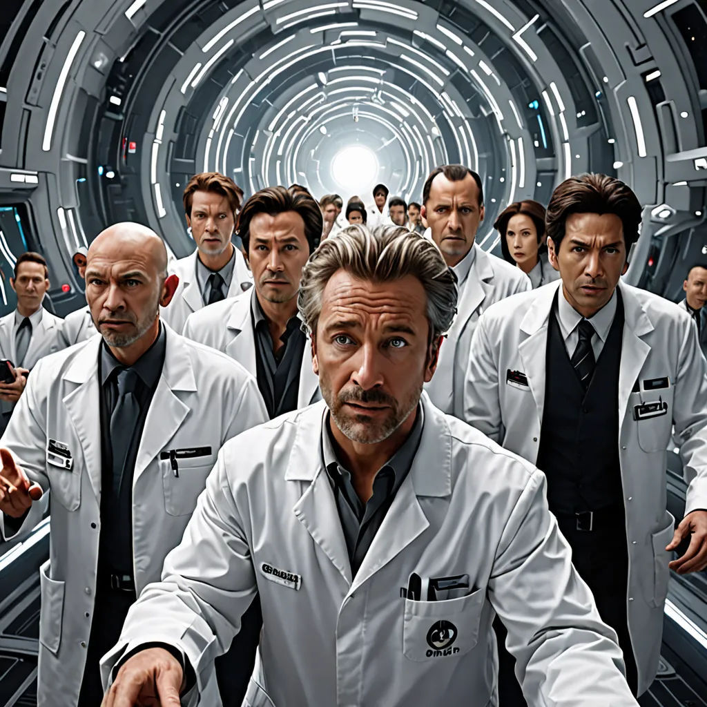 a group of men in white lab coats standing in a tunnel with a man pointing at the camera in front of them, incoherents, poster art, Dr. Atl, promotional image