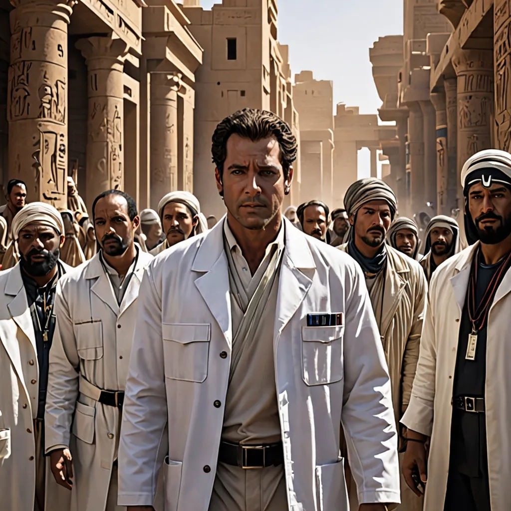 a group of men in white coats standing in front of a building with a large group of men in the background, neoplasticism, egyptian art, Alexander Runciman, promotional image