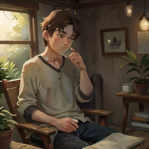 a man sitting in a chair holding a spoon in his hand and looking at a book in front of him