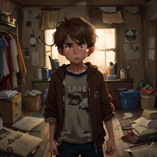 a boy standing in a messy room with books on the floor and a window in the background with a curtain
