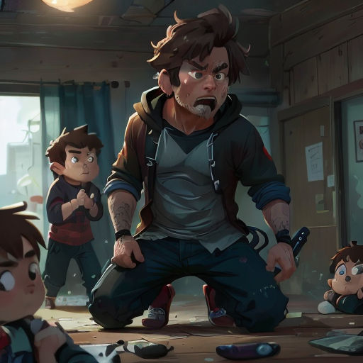 a group of people standing around a room with a boy holding a gun and another boy holding a gun