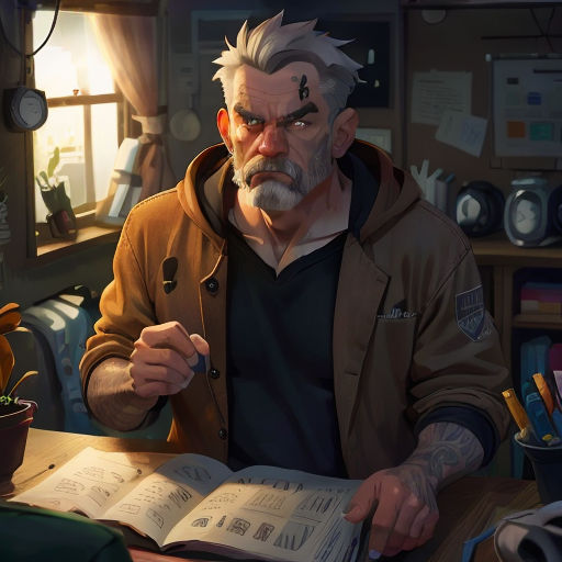 a man sitting at a desk with a book in his hand and a pen in his hand, in a room with a window