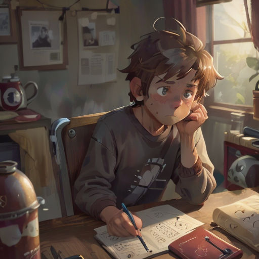 a boy sitting at a desk with a book and pen in his hand and a book in front of him