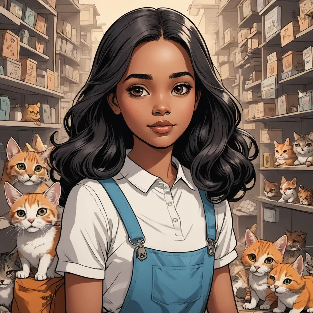 a woman with a bunch of cats in a store aisle behind her is a shelf full of cats and a cat sitting on her shoulder, furry art, a comic book panel, Artgerm, comic cover art