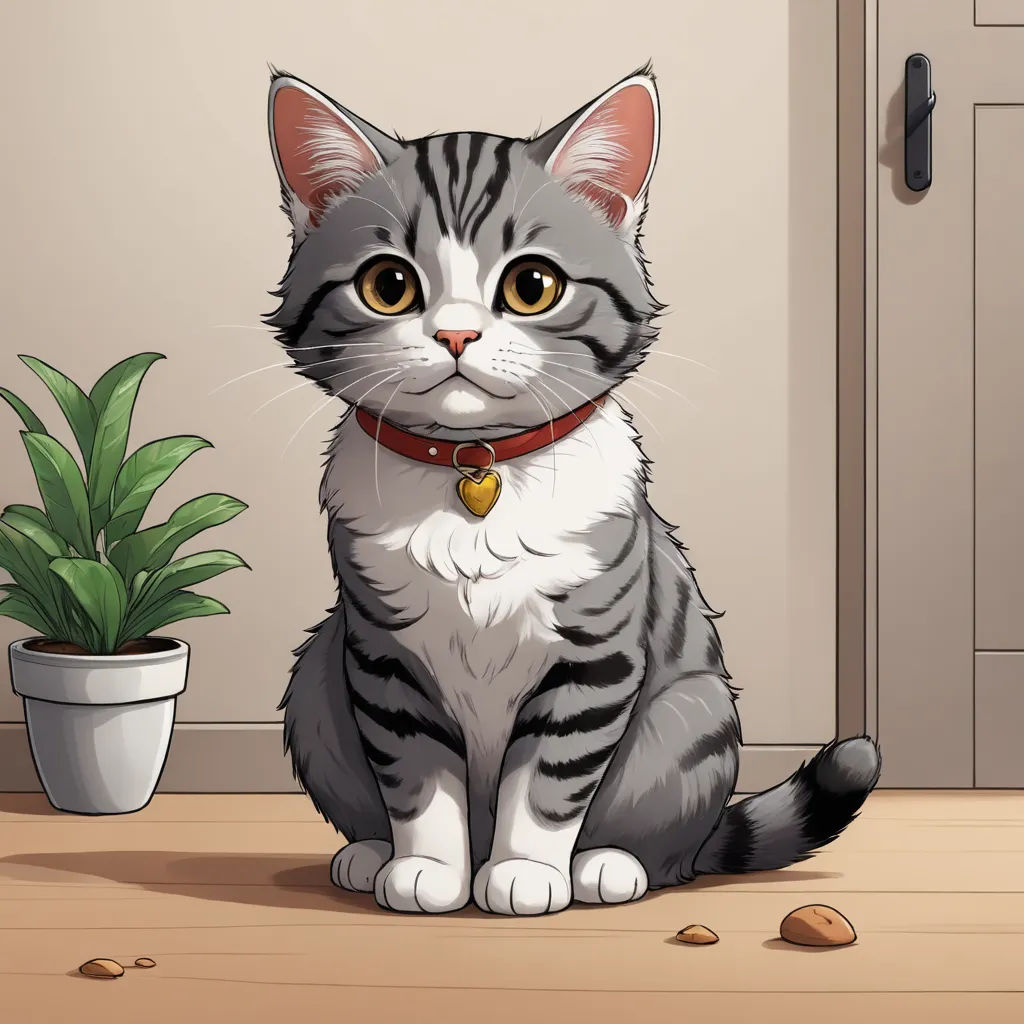 a cat sitting on the floor next to a potted plant and a door with a key on it, sots art, a character portrait, Chippy, character portrait