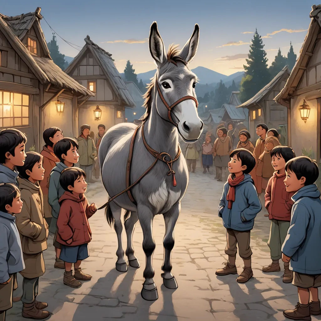 a donkey standing in front of a group of people in a village with a mountain in the background and a group of people standing around, american scene painting, a storybook illustration, Brothers Hildebrandt, storybook illustration