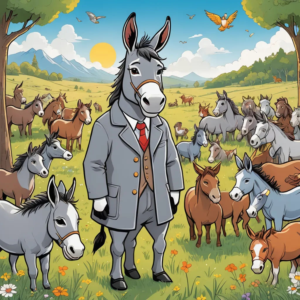 a man in a suit standing in front of a herd of horses and donkeys in a field with a bird flying overhead, figurativism, a storybook illustration, Chris LaBrooy, furaffinity