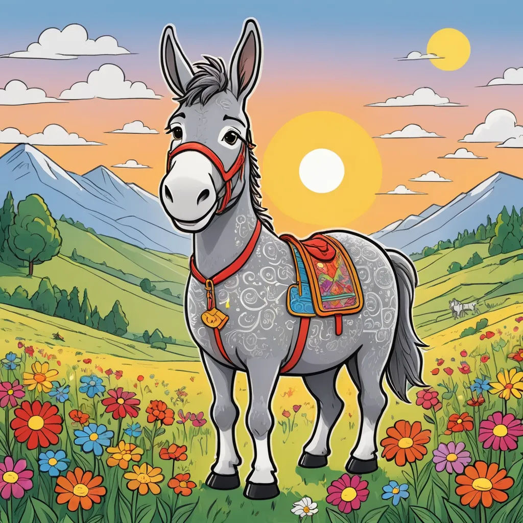 a donkey standing in a field of flowers with a mountain in the background and a sun setting behind it, naive art, a storybook illustration, Amédée Ozenfant, promotional image