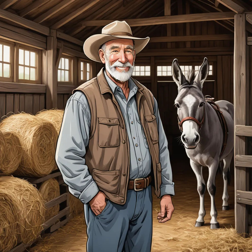 a man standing next to a horse in a barn with hay bales on the floor and a donkey standing in the barn, american scene painting, computer graphics, Ancell Stronach, professional digital painting