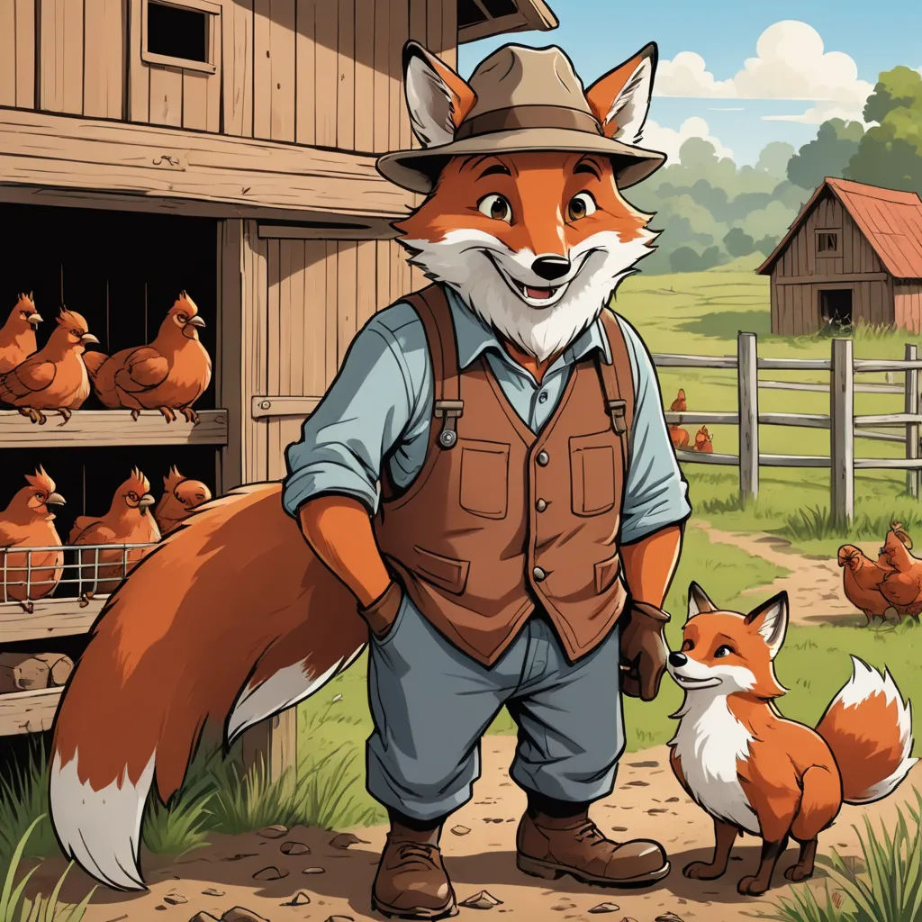 a fox and a fox cub stand in front of a barn with chickens in it and a man in a hat, furry art, a storybook illustration, Cliff Childs, furaffinity