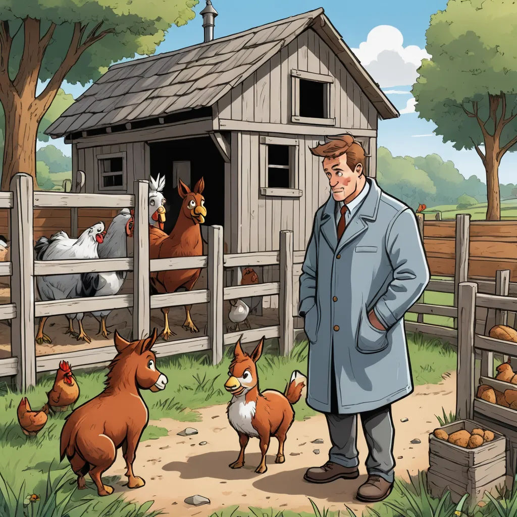 a man standing in front of a barn with farm animals around him and a horse behind him, and a chicken in the background, american scene painting, a storybook illustration, Chris LaBrooy, storybook illustration