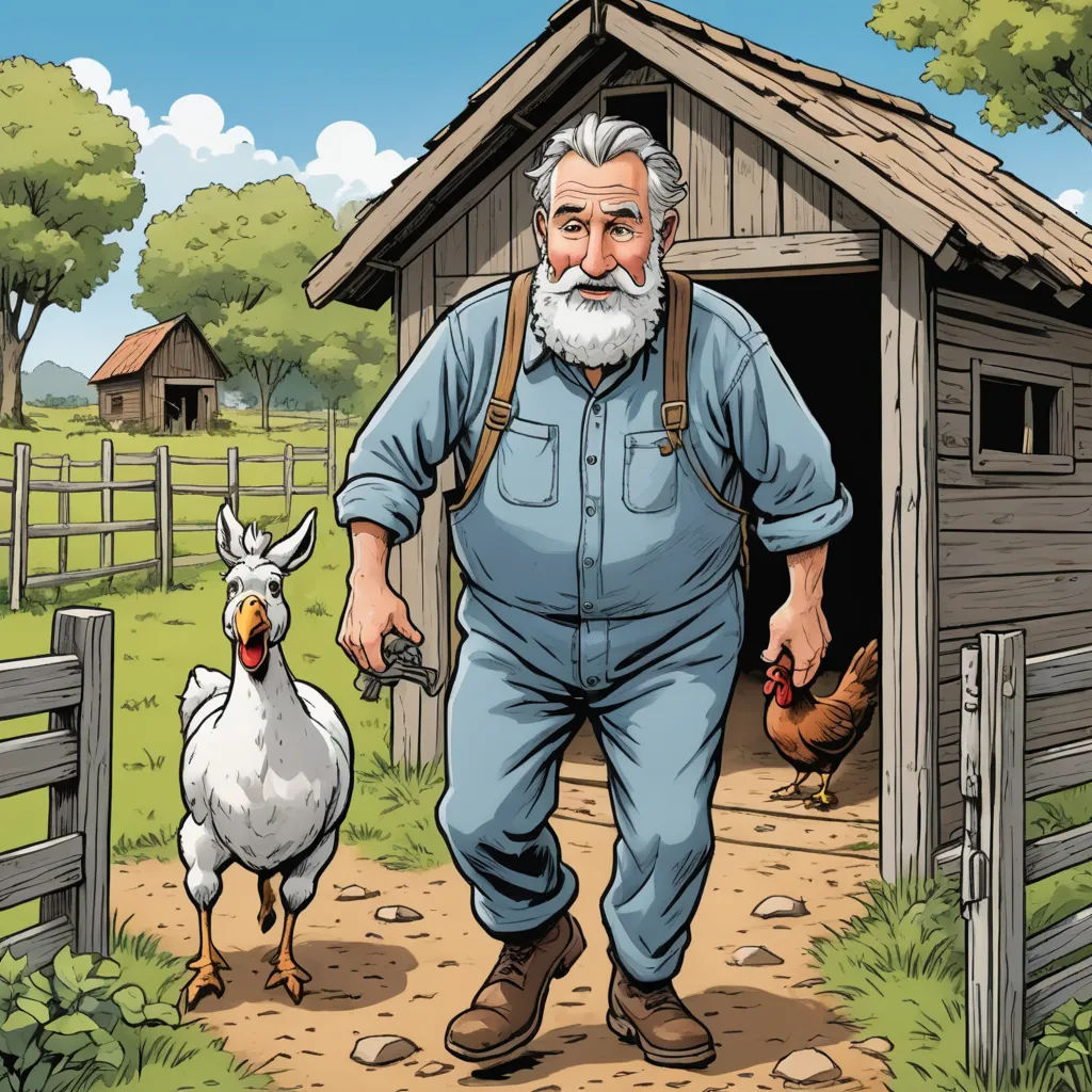 a man with a beard and a beard holding a chicken in his hand and a chicken in his hand, folk art, a storybook illustration, Bob Thompson, storybook illustration