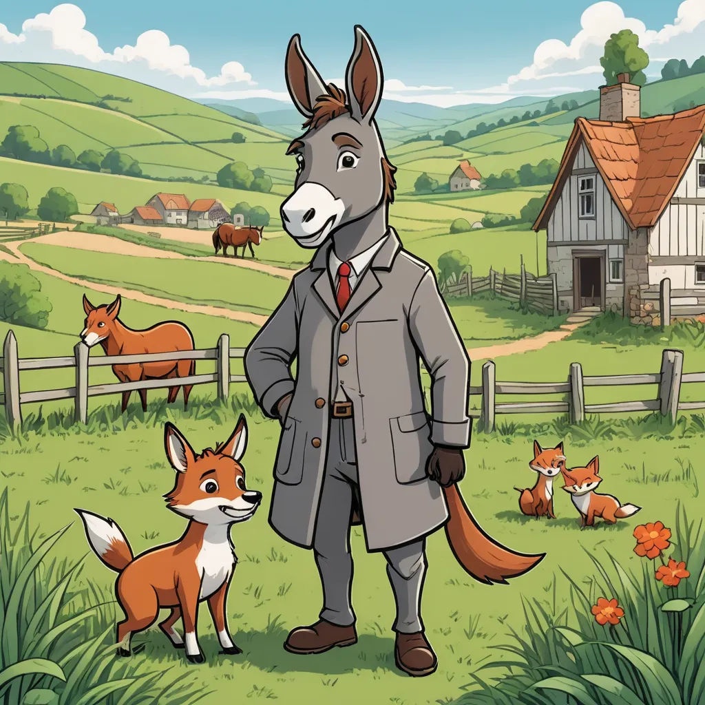 a man in a suit and a fox in a field with a house and farm animals in the background, furry art, a storybook illustration, Aloysius O'Kelly, promotional image