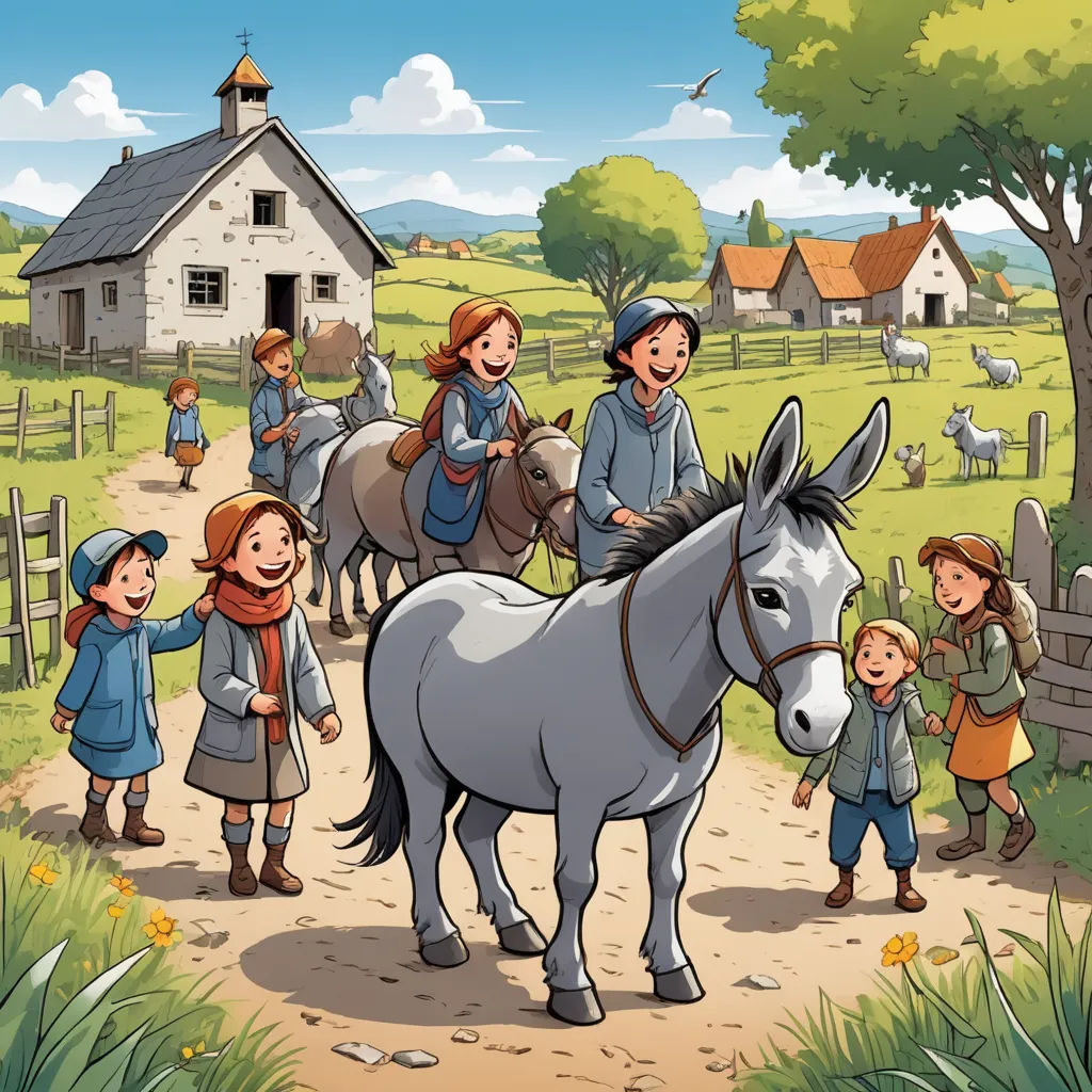 a group of children standing around a horse in a field with a barn in the background and a horse in the foreground, synthetism, a storybook illustration, Anne Said, storybook illustration