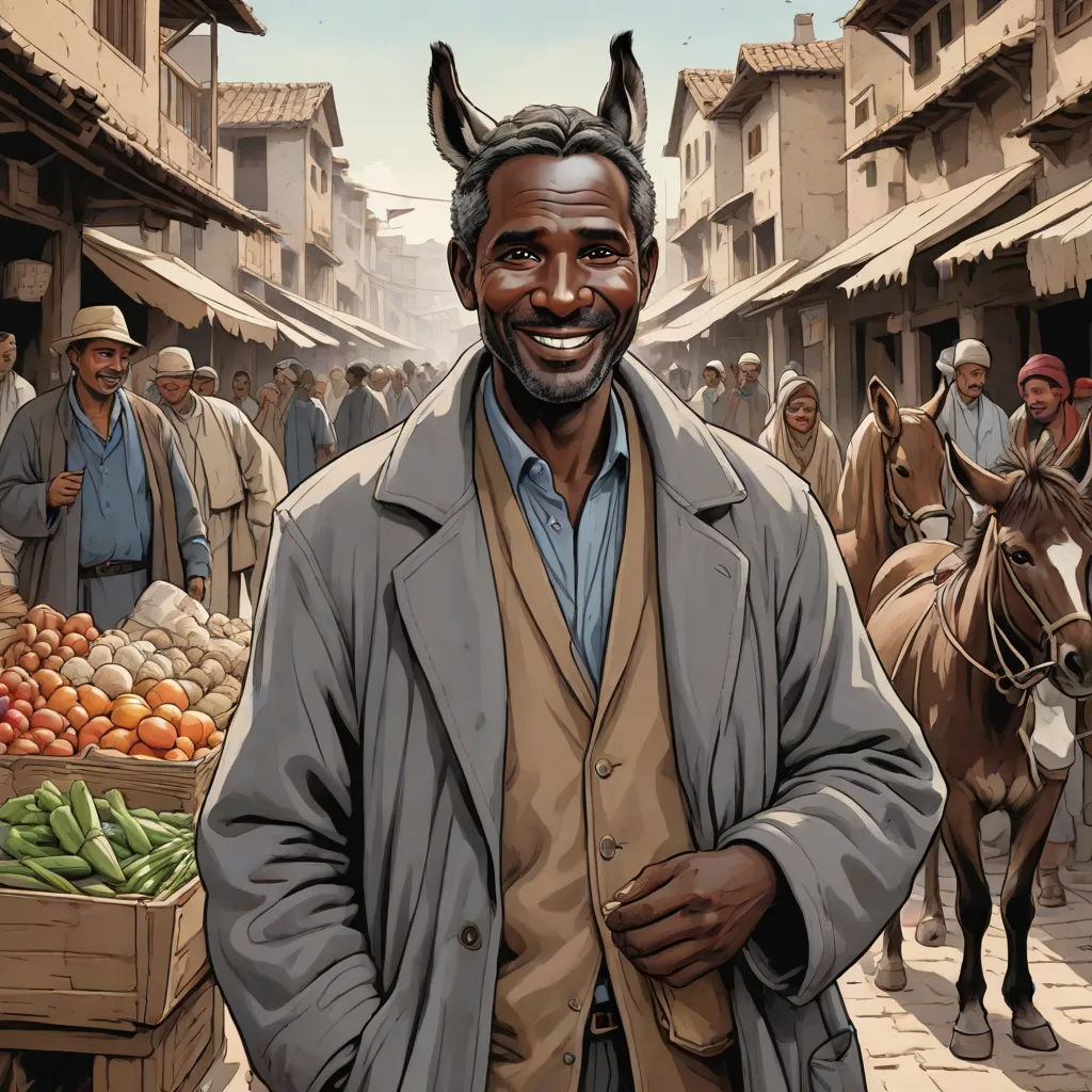 a man in a donkey's head is standing in a street with a cart of fruit and vegetables, a character portrait, Barron Storey, harlem renaissance, graphic novel