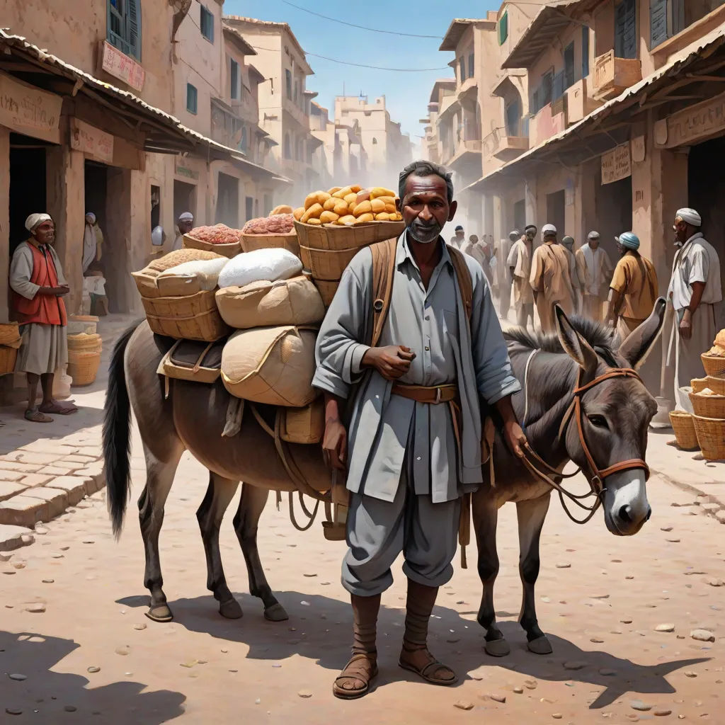 a man standing next to a donkey with a basket on it's back in a street with people and buildings, a detailed matte painting, Clint Cearley, american scene painting, highly detailed digital painting