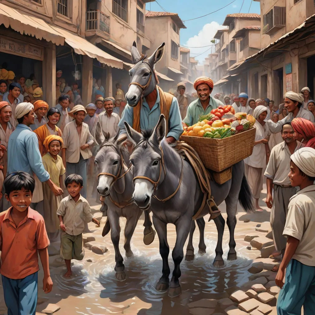 a painting of a donkey carrying a basket of fruit on a street with a crowd of people watching it, a storybook illustration, Clint Cearley, magical realism, highly detailed digital painting