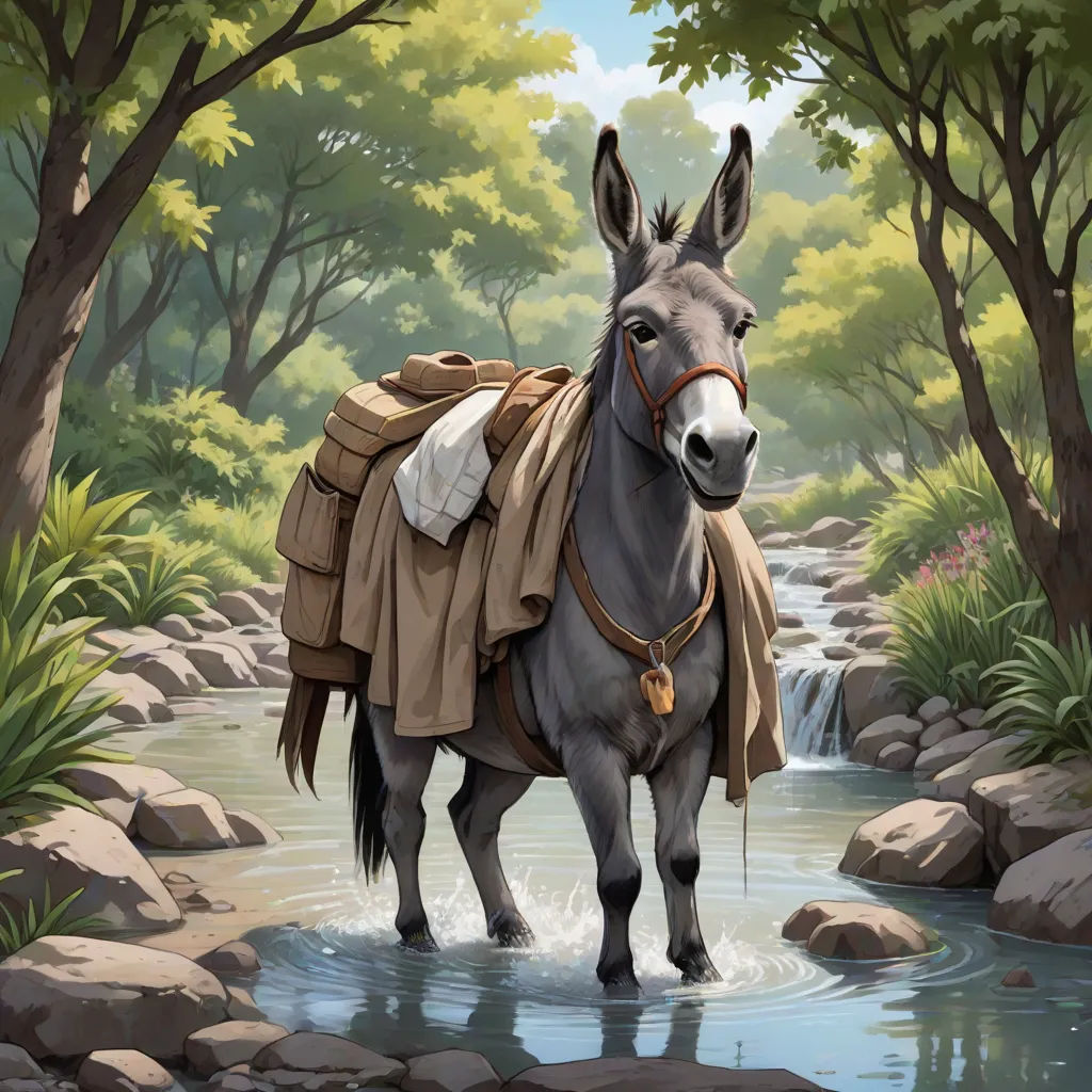 a donkey standing in a stream of water with a blanket on its back and a saddle on its back, a storybook illustration, Brom, fantasy art, official art