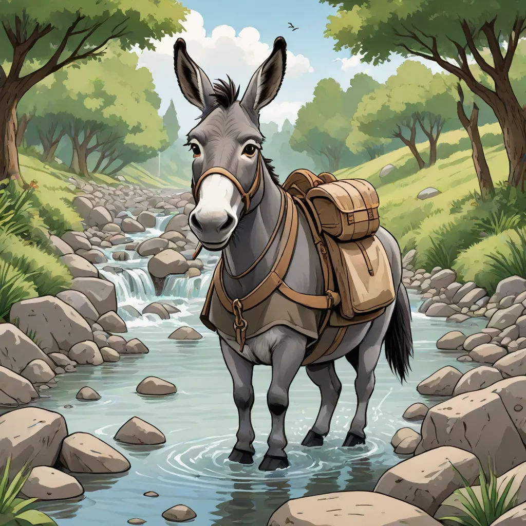 a donkey standing in a stream with a backpack on its back and a backpack on its back, in a forest, a storybook illustration, Chris LaBrooy, fantasy art, storybook illustration