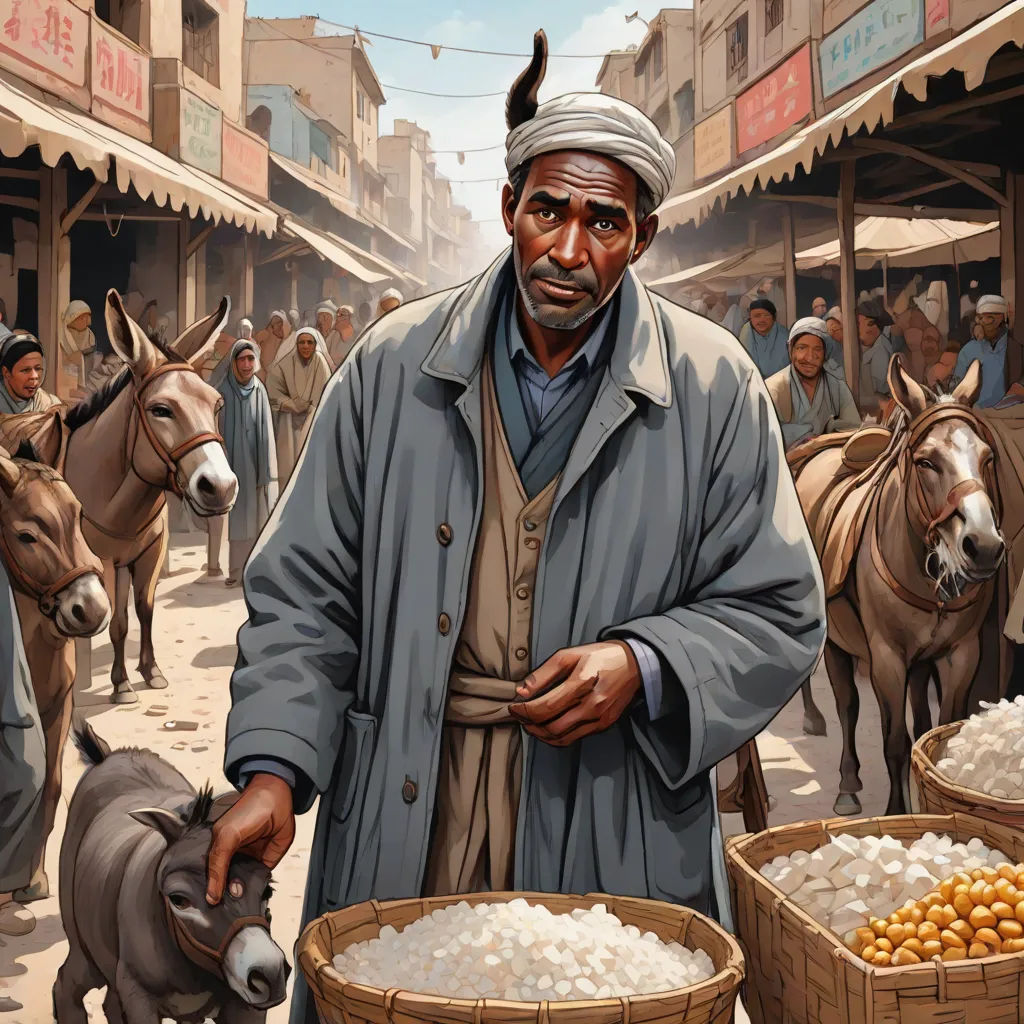 a man standing next to a donkey and a basket of food in a street market area with other donkeys, a storybook illustration, Farid Mansour, hurufiyya, orientalism