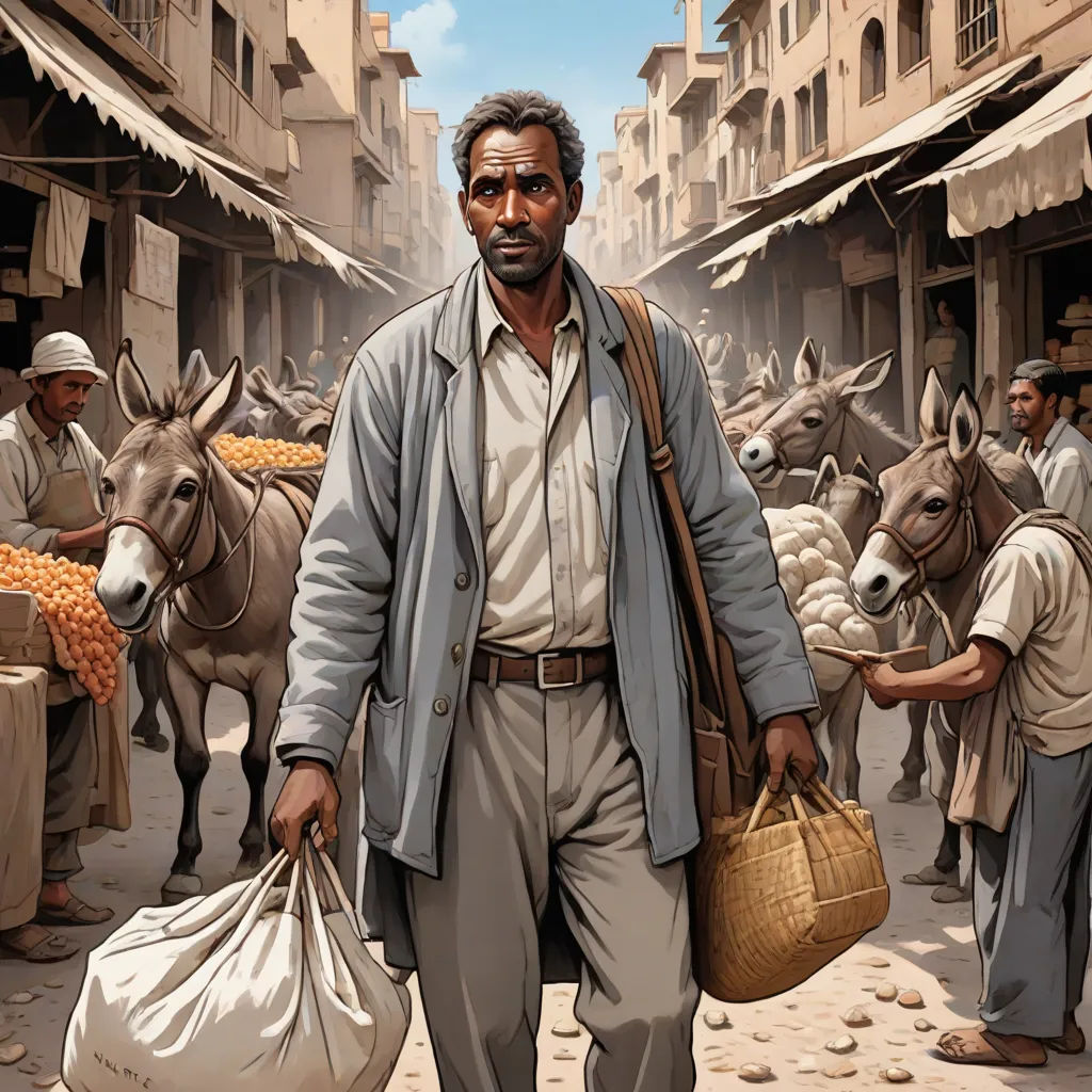 a man walking down a street with bags of food in his hand and donkeys in the background,, a character portrait, Asaf Hanuka, hurufiyya, western comic book art