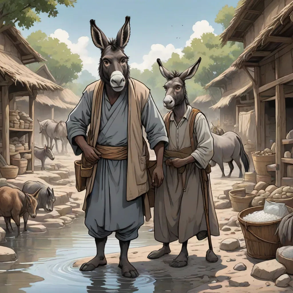 a donkey and a donkey man standing in a village with a donkey in the water and sheep in the background, a storybook illustration, Asaf Hanuka, altermodern, official art