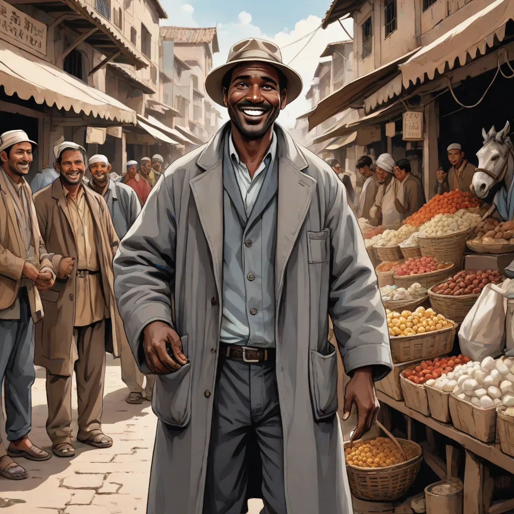 a man in a hat and coat standing in front of a market with other men in the background and a horse, a character portrait, Ernie Barnes, harlem renaissance, graphic novel