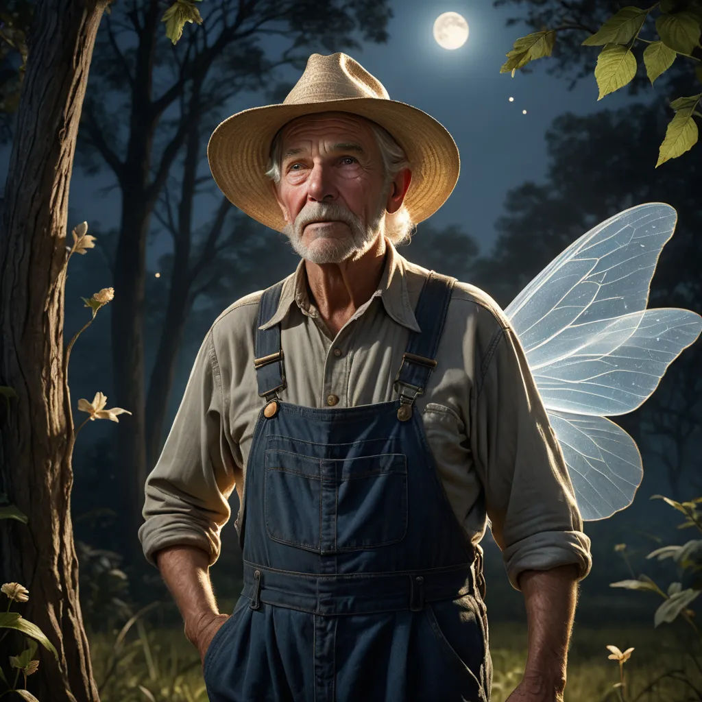 a man in a hat and overalls standing in a forest with a fairy wing on his back and a full moon in the background, magical realism, a storybook illustration, Cliff Childs, award - winning photography