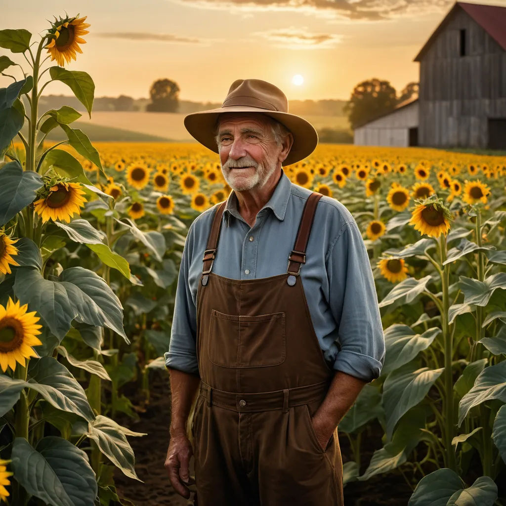 a man standing in a field of sunflowers at sunset with a barn in the background and a sun setting, american impressionism, a stock photo, Dennis Ashbaugh, award - winning photography