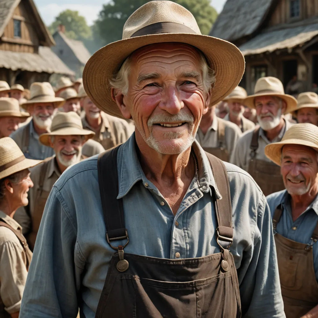 a man with a hat and overalls standing in front of a group of men in hats and overalls, les automatistes, a detailed matte painting, Arnold Brügger, imax 70 mm footage