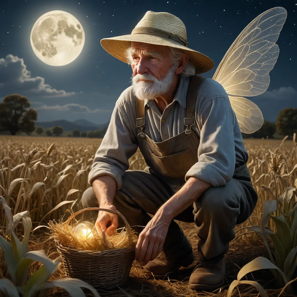 a man kneeling down in a field with a basket of eggs in front of him and a full moon in the background, magical realism, a storybook illustration, Andrea Kowch, highly detailed digital painting