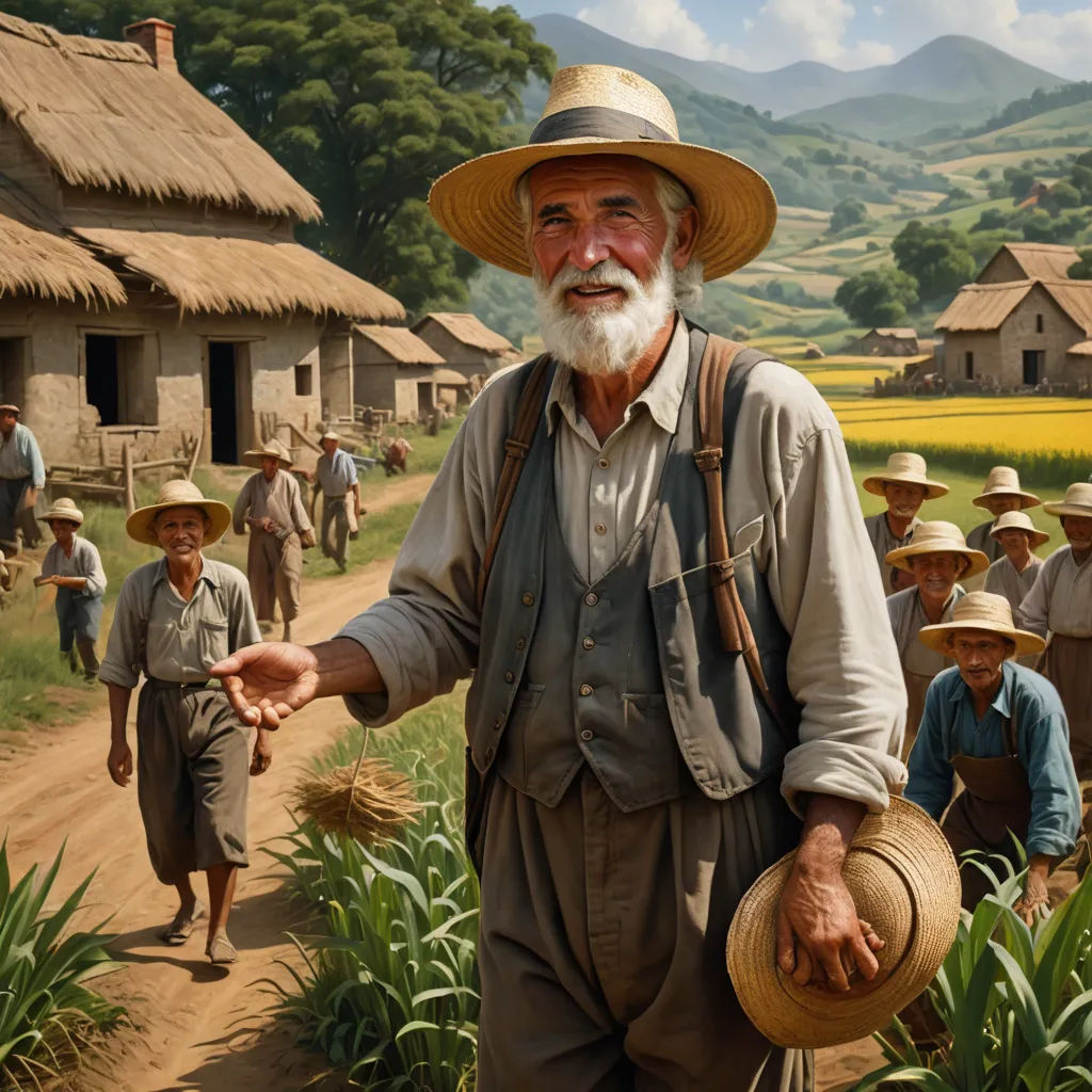 a painting of a man with a hat and a cane walking down a dirt road with a group of people behind him, classical realism, a detailed matte painting, Alejandro Burdisio, highly detailed digital painting