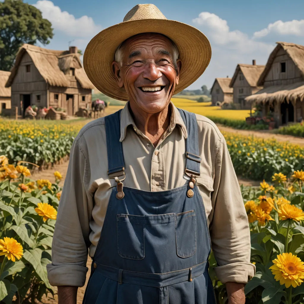 a man in a hat standing in a field of sunflowers with a farm in the background and a house in the background, precisionism, a stock photo, Bob Singer, award-winning photograph