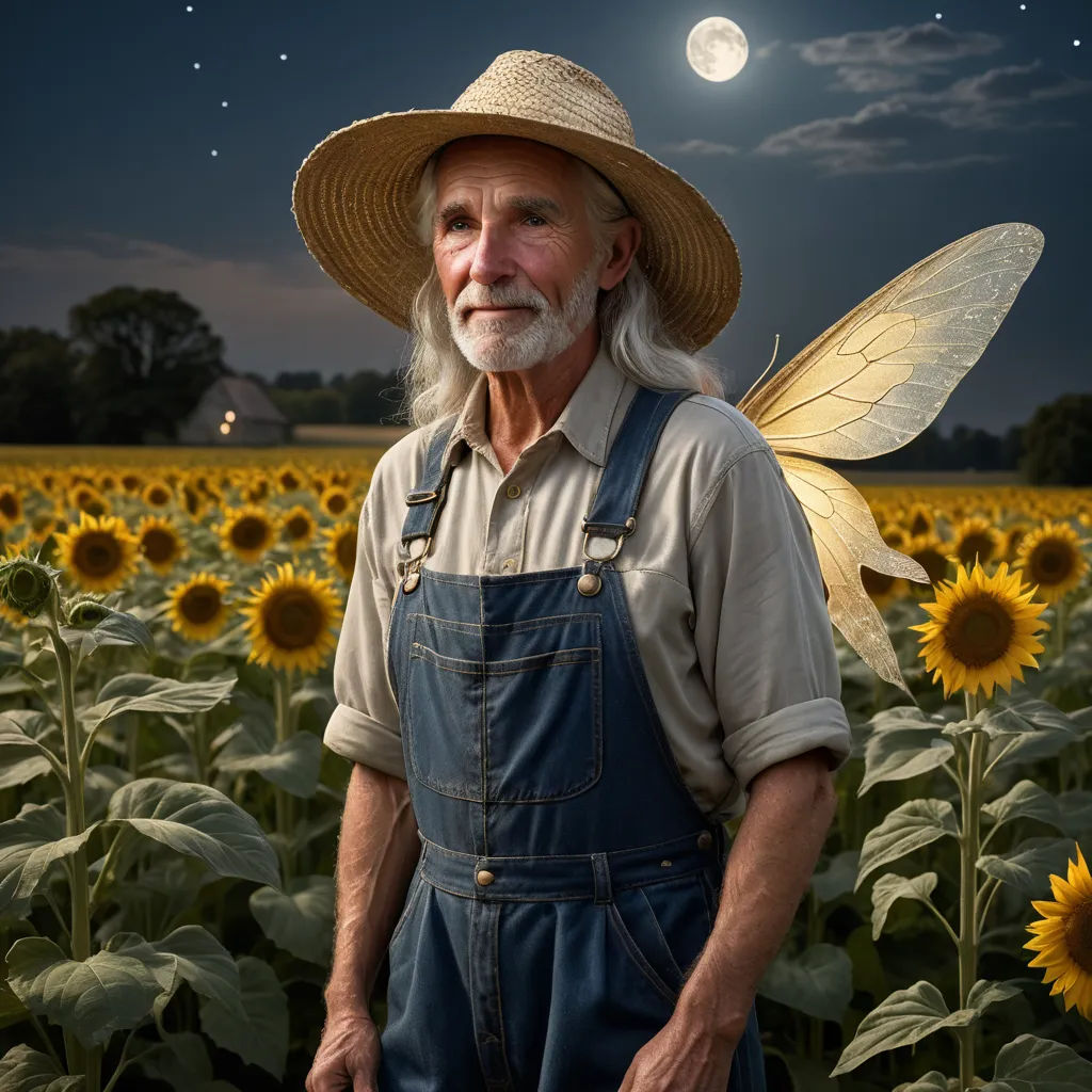 a man with a hat and a fairy wings on his head standing in a field of sunflowers, magical realism, a storybook illustration, Andrea Kowch, award - winning photography