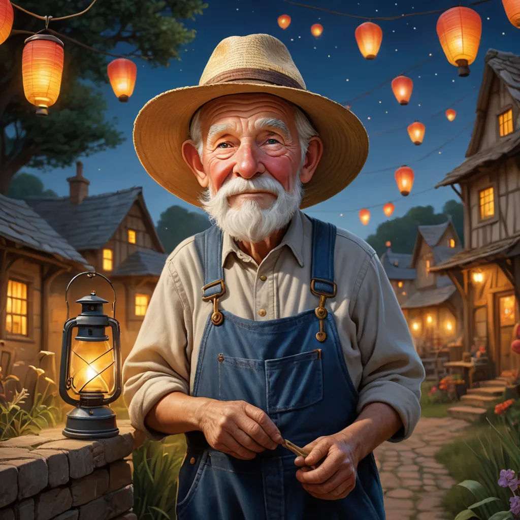 a man with a hat and overalls holding a lit candle in front of a house with lanterns hanging from the roof, fantasy art, a storybook illustration, Bob Byerley, kinkade