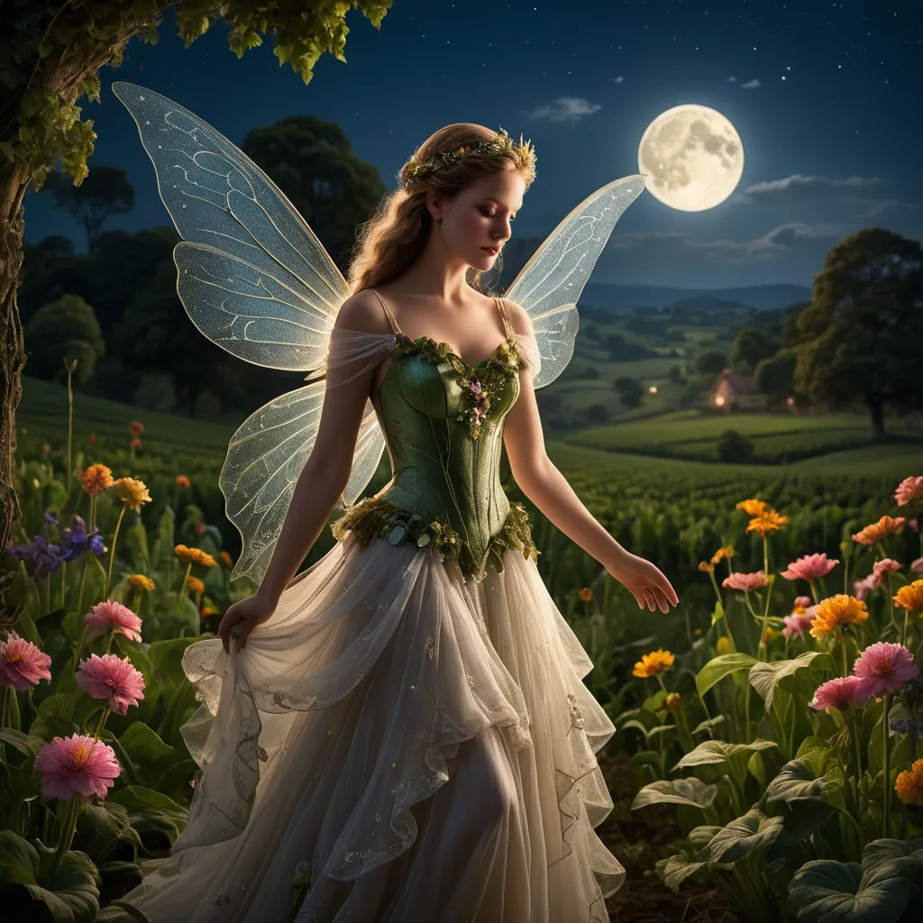 a woman dressed in a fairy costume standing in a field of flowers with a full moon in the background, fantasy art, a storybook illustration, Anne Stokes, enchanting