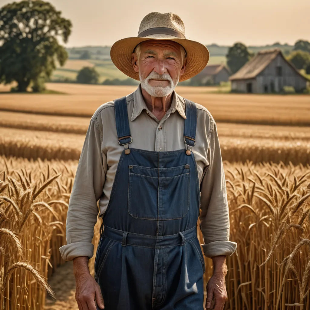 a man with a beard and a hat standing in a field of wheat with a house in the background, precisionism, a stock photo, Albert Nemethy, portrait photography