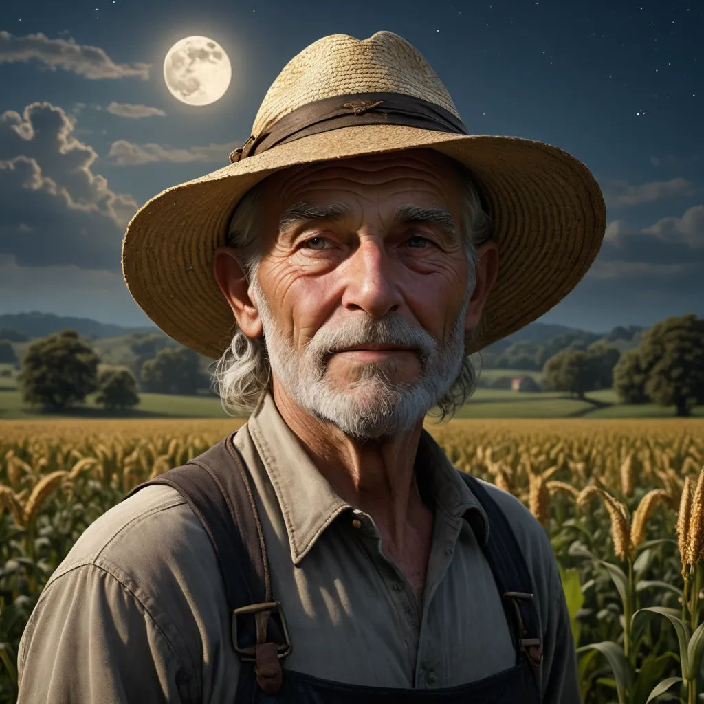 a man with a hat and a backpack in a field of corn under a full moon with a full moon in the sky, precisionism, a character portrait, Andrea Kowch, highly detailed digital painting