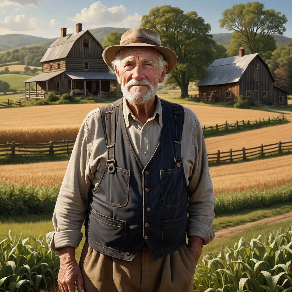 a man standing in a field with a farm in the background and a house in the distance with a sky background, american scene painting, a detailed matte painting, Bob Byerley, highly detailed digital painting