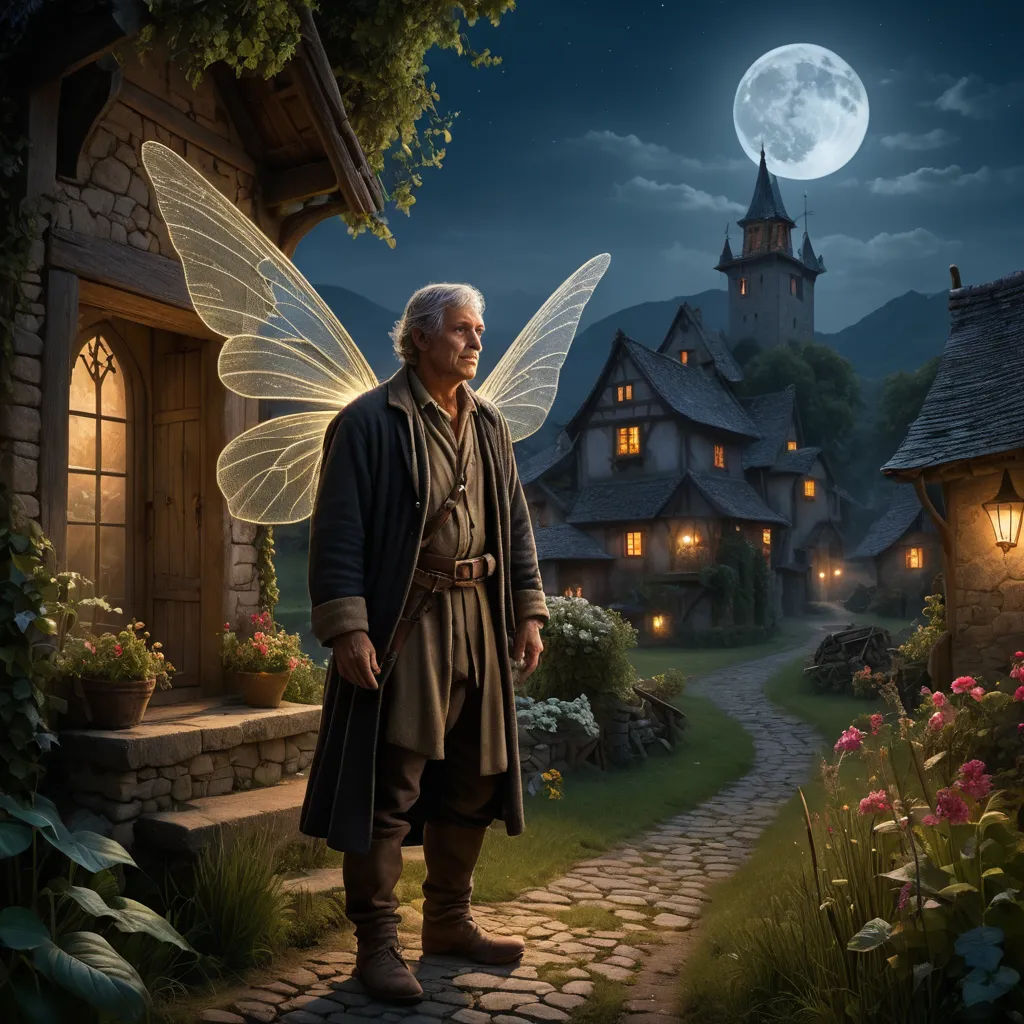 a man in a fairy costume standing in front of a house with a fairy wings on it's wings, fantasy art, a storybook illustration, Cliff Childs, fantasy artwork
