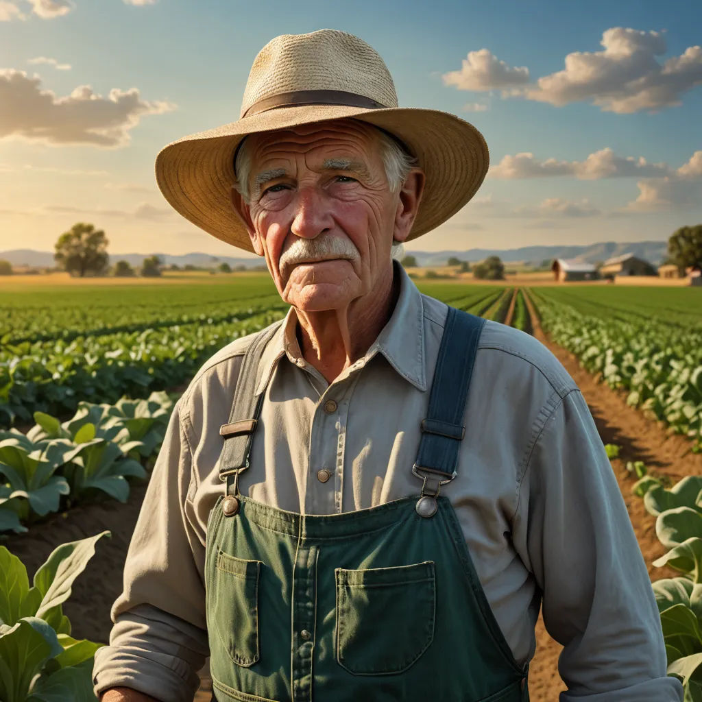 a man in a hat standing in a field of crops with a blue sky in the background and clouds in the sky, precisionism, a stock photo, Andries Stock, portrait photography