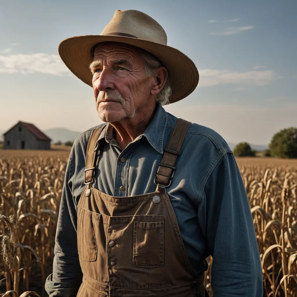 a man in a hat standing in a field of wheat with a house in the background and a blue sky, american realism, a character portrait, Colin Gill, cinematic photography